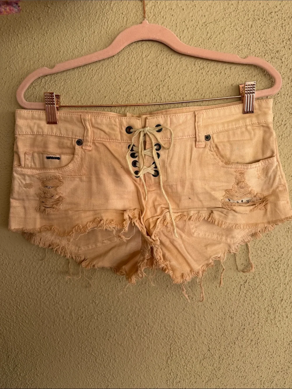 Peach Pink Lace-Up Distressed festival Denim Shorts - Picture 3 of 6